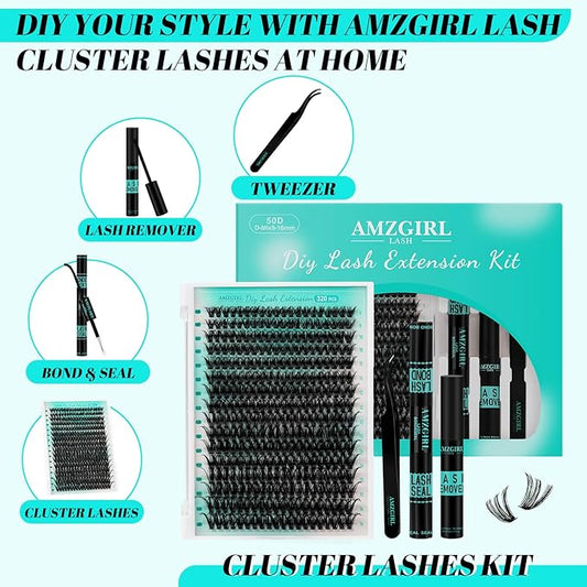 Lash Extension Kit 320Pcs,DIY Individual Lashes Clusters Kit,Lash Bond And Seal,Lash Remover For Eyelashes Extensions,Lash Applicator Tool For False Eyelash Cluster Kit At Home(50D,D-Mix9-16mm Kit)