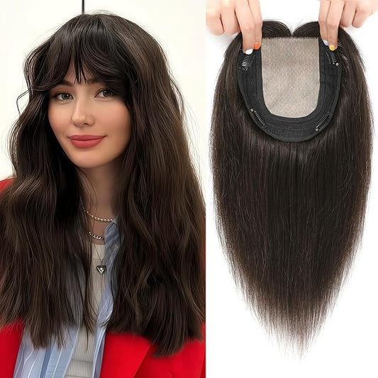 Hair Toppers for Women Real Human Hair, 360° 3D Toppers Pieces for Women with Thinning Crown Wispy Bangs 14 Inch Upgrade Big Basement (Dark Brown, 14 Inch Wispy Bangs)
