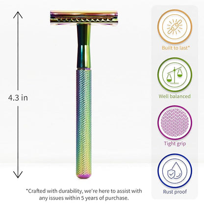 Bambaw Double Edge Safety Razor with 5 Safety Razor Blades, Women & Men’s Safety Shaving Razor, Reusable Razor, Plastic Free – Rainbow