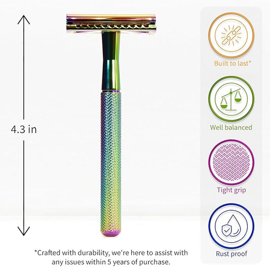 Bambaw Double Edge Safety Razor with 5 Safety Razor Blades, Women & Men’s Safety Shaving Razor, Reusable Razor, Plastic Free – Rainbow