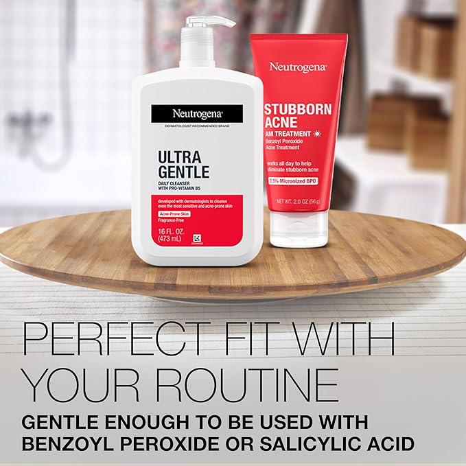 Neutrogena Ultra Gentle Daily Facial Cleanser with Pro-Vitamin B5 for Acne-Prone & Sensitive Skin, Fragrance-Free, Dye-Free, Soap-Free, Paraben-Free & Hypoallergenic Face Wash, 16 fl. oz