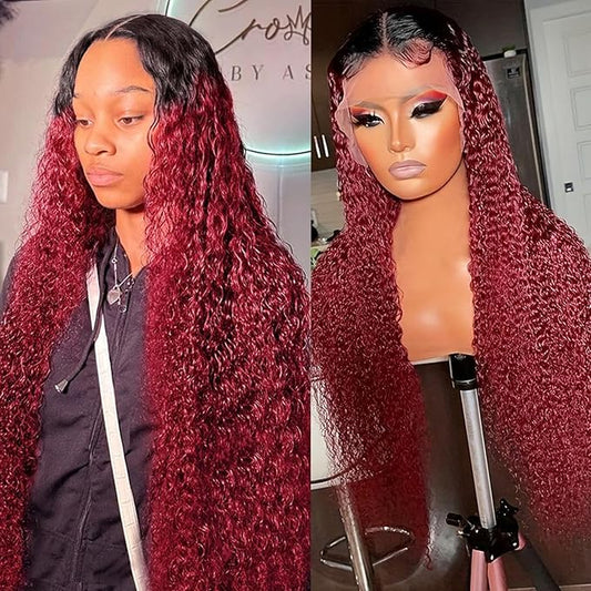 13X6 Burgundy 99J Curly Lace Front Wig Human Hair HD Lace Front Human Hair Wig Pre Plucked 180% Density Ombre 1b/99J Curly Transparent Lace Front Wigs for Women Colored Wigs 28 inch