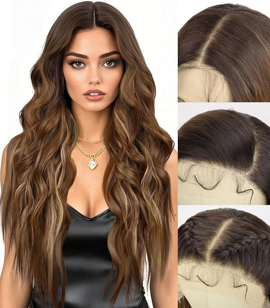 13x4 Synthetic Lace Front Wig Preplucked with Baby Hair Long Wavy Amber Brown with Highlight Wig Glueless 26 Inch Suitable for Festivals and Everyday Use