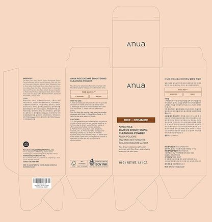 ANUA RICE ENZYME BRIGHTENING CLEANSING POWDER, Rice Mask, Ceramide, Gentle Face Wash for Brightening, Radiant Skin, Facial Cleanser for Dry Skin, Korean Skincare, Fragrance Free, 40g/1.41fl.oz.