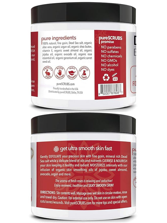 pureSCRUBS Premium Rose Body Scrub Set - Large 16oz Dead Sea Salt Body Scrub With Infused Essential Oils & Nutrients, Includes Wooden Spoon, Loofah & Oatmeal Exfoliating Bar Soap