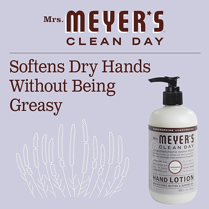 MRS. MEYER'S CLEAN DAY Hand Lotion for Dry Hands, Non-Greasy Moisturizer Made with Essential Oils, Lavender, 12 oz