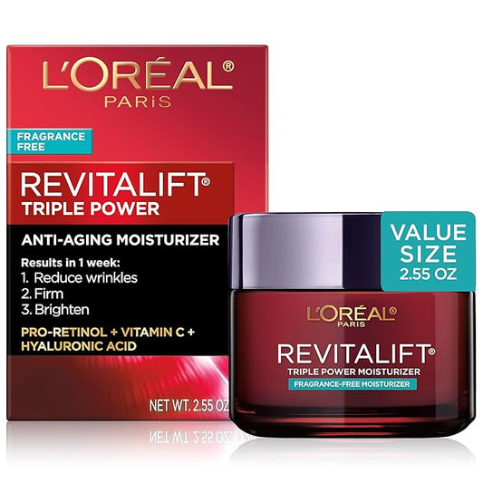 L'Oreal Paris Revitalift Triple Power Anti-Aging Face Moisturizer, Fragrance Free, Pro Retinol, Hyaluronic Acid & Vitamin C to Reduce Wrinkles, Firm & Brighten Skin, 2.55 Oz