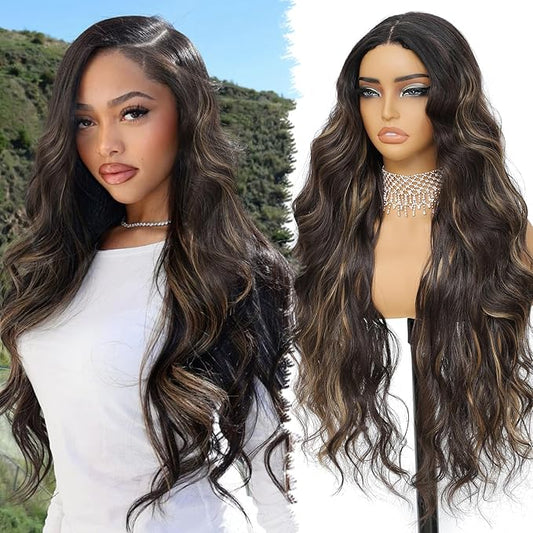 30 Inch Highlight Brown Synthetic Lace Front Wig for Women 4x1 Pre Plucked Long Body Wave Wig Synthetic Hair Natural Hairline Glueless Wigs for Beginners Middle Part for Daily Party Use