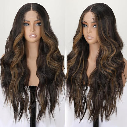 13x4 Lace Front Wig Dark Brown Highlight Ombre Blonde Pre Plucked Hairline with Baby Hairs Glueless Long Wavy Synthetic Wig Heat Resistant for Daily Wear and Parties 26 inch