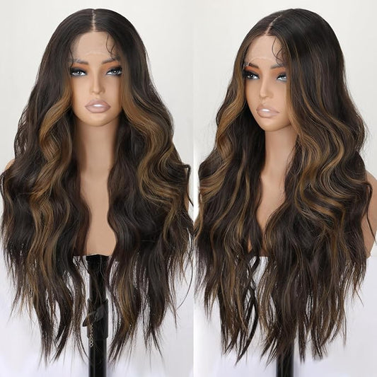 13x4 Lace Front Wig Dark Brown Highlight Ombre Blonde Pre Plucked Hairline with Baby Hairs Glueless Long Wavy Synthetic Wig Heat Resistant for Daily Wear and Parties 26 inch