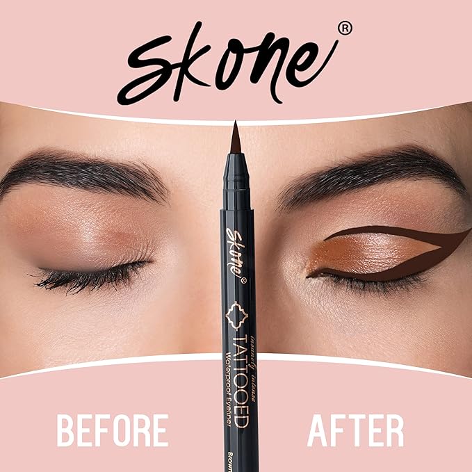 Skone Cosmetics Insanely Intense Tattooed Eyeliner Pen - Waterproof Liquid Eyeliner, Long Lasting, Sweat Proof, Smudge Proof Felt Tip Liquid Eyeliner - Pigmented Eye Liner Makeup - Brown (0.07oz)