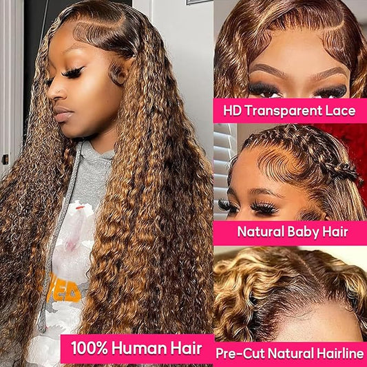 32 Inch Highlight Deep Wave Lace Front Wigs Human Hair 180% Density Ombre Honey Blonde Curly Human Hair Wig Pre Plucked with Baby Hair 4/27 HD Transparent 13x6 Lace Front Wigs Human Hair