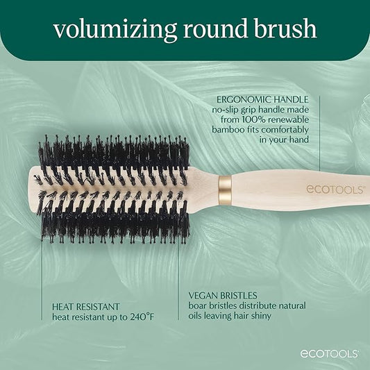 EcoTools Volumizing Round Hairbrush, Achieve Full Blow Out, Heat Resistant For Easy Blow Drying, Vegan Bristles Tame Frizz & Smooth Hair, Made With Renewable Bamboo, Cruelty-Free, 1 Count