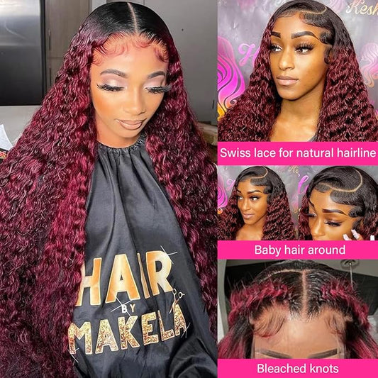 99J Burgundy Curly Lace Front Wigs Human Hair 13x6 HD Lace Frontal Wig for Women 180% Density Dark Root 1b/99j Wine Red Deep Curly Transparent Lace Wig Pre Plucked 24inch