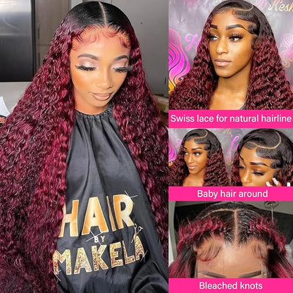 99j Burgundy Curly Lace Front Wigs Human Hair 13x6 OmbreBlack and Burgundy Lace Frontal Wig Pre Plucked Glueless 180% Density Dark Root 1B Burgundy Curly HD Lace Wig for Women 26 Inch