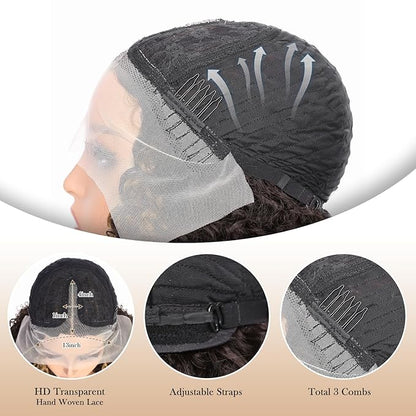 Quick Wig Curly Lace Front Wigs Short Kinky Curly Wig 13×4×1 HD Glueless Lace Curly Wig Highlight Synthetic Lace Wigs for Women Deep Wave Wig (4/27#)