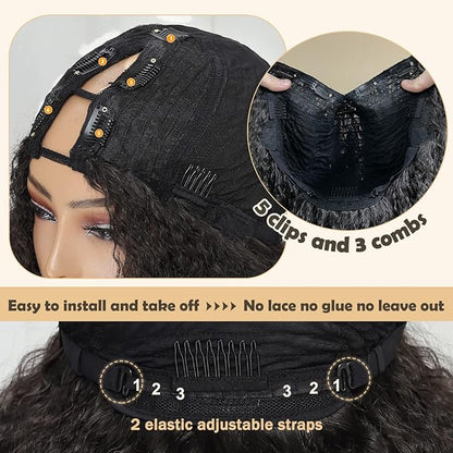 New Afro Curly V Part Wig Synthetic Braided Hair Texture with Unique Bouncy Curls in the End 20 Inch Soft Curly Full Hair V Part Wigs Synthetic for Black Women No Leave out Clip in Half Wig