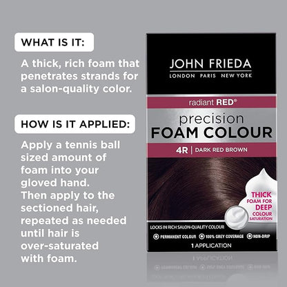 John Frieda Precision Foam Colour, Dark Red Brown 4R, Full-Coverage Hair Color Kit, Anti-Fade Gray Coverage, Deep Color Saturation Hair Dye, 1 Application