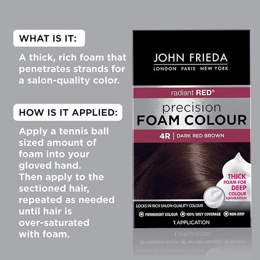 John Frieda Precision Foam Colour, Dark Red Brown 4R, Full-Coverage Hair Color Kit, Anti-Fade Gray Coverage, Deep Color Saturation Hair Dye, 1 Application