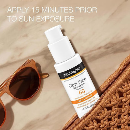 Neutrogena Clear Face Serum Sunscreen with Green Tea, Broad Spectrum SPF 60, Non-Comedogenic Face Sunscreen for Lightweight UVA/UVB Protection, Oxybenzone- & Fragrance-Free, 1.7 fl. oz