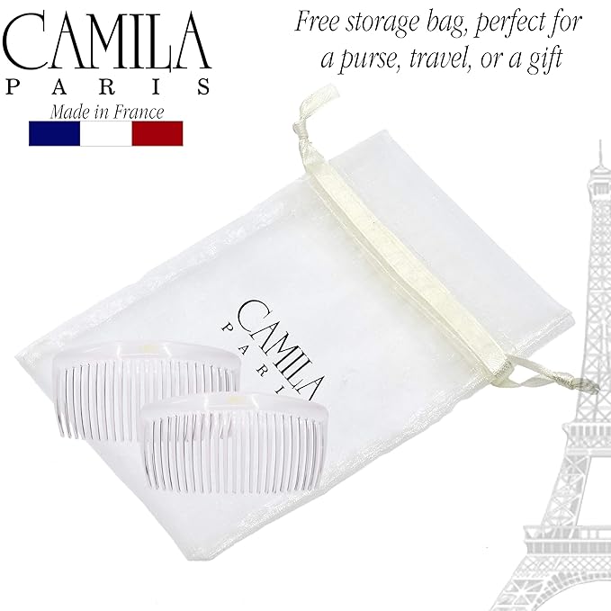 Camila Paris CP2911 French Side Combs Large Curved, Clear French Twist Hair Combs Decorative, Strong Hold Hair Clips for Women Bun Chignon Up-Do, No Slip Styling Girls Hair Accessories, Made in France