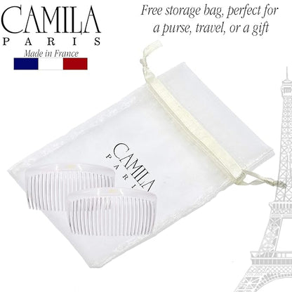 Camila Paris CP2911 French Side Combs Large Curved, Clear French Twist Hair Combs Decorative, Strong Hold Hair Clips for Women Bun Chignon Up-Do, No Slip Styling Girls Hair Accessories, Made in France