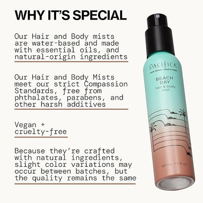 Pacifica Beach Day Hair Mist Perfume & Full Body Spray for Women - Body Mist Fragrance w/Bergamot, Orange Flower, Sandalwood, Amber, Musk & Suede Leather – Clean Beauty Alcohol-Free, Vegan 5 oz