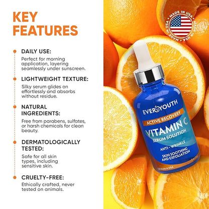 Vitamin C Serum for Face with Hyaluronic Acid, Niacinamide, Vitamin E, Collagen Peptides - Skin Brightening Solution for Wrinkles, Dark Spots, Fine Lines - Anti Aging Stem Cell Serum for Face - 1 oz