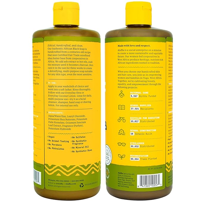 Alaffia Authentic African Black Soap, Hemp Olive Leaf – All-in-One Moisturizing Cleanser for Face, Hands, Body & Hair, 32 Oz