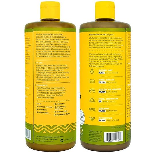 Alaffia Authentic African Black Soap, Hemp Olive Leaf – All-in-One Moisturizing Cleanser for Face, Hands, Body & Hair, 32 Oz