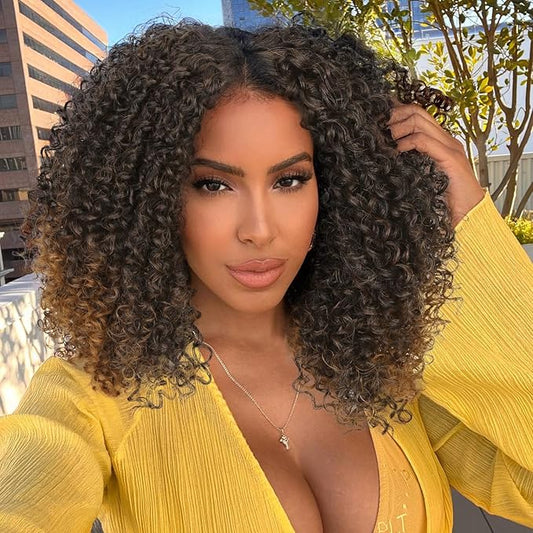 quickwig Curly Lace Front Wigs Short Kinky Curly Wig 13×4×1 HD Glueless Lace Curly Wig Ombre Brown Synthetic Lace Wigs for Women Deep Wave Hair (2/30)