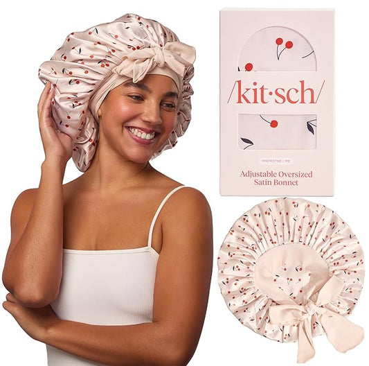 Kitsch XL Satin Bonnet for Sleeping - Softer Than Silk Hair Bonnet For Women - Secure Fit, Adjustable Night Cap For Curly & Textured Hair - Prevents Breakage, Tangles & Thinning - Cherry Print