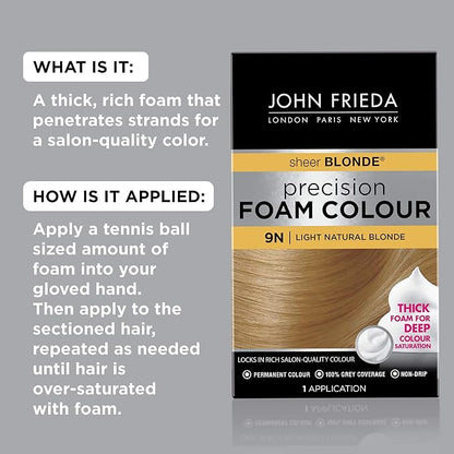 John Frieda Precision Foam Colour, Light Natural Blonde 9N, Full-Coverage Hair Color Kit, Anti-Fade Gray Coverage, Deep Color Saturation Hair Dye, 1 Application