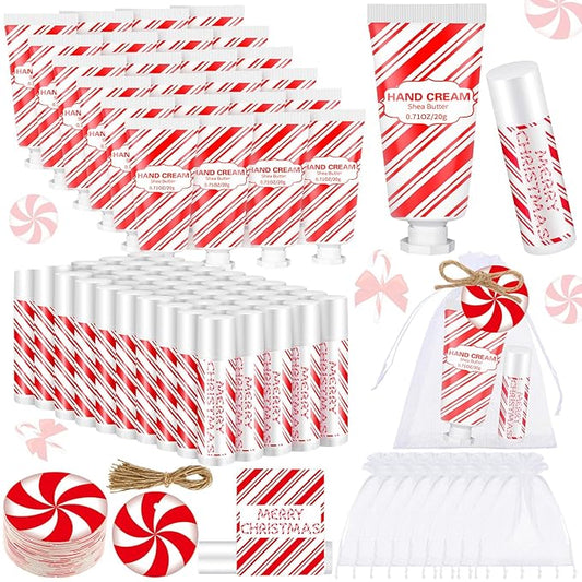 144 Pcs Christmas Candy Cane Lip Balm Hand Cream Set Party Favors Including 36 Lip Balm 36 Moisturizing Hand Cream 36 Bags 36 Cards and Ropes for Xmas Accessories Gifts