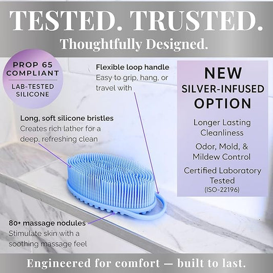 Avilana Silicone Body Scrubber – Dual-Sided Exfoliator for Men & Women, Gentle Loofah Alternative, Easy-to-Clean Silicone Shower Scrubber (S2-Gray with Silver)