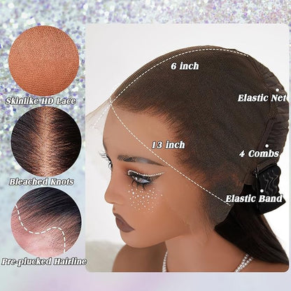 0.1mm Ultra-thin Skinlike Lace Wig Deep Wave 13x6 HD Lace Front Wigs Human Hair Pre Plucked Bleached Knots Wave Wave Curly Wet and Wavy Human Hair Wigs for Women Natural Black 32 inch