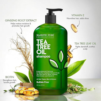 Majestic Pure Tea Tree Shampoo for Men and Women -16 fl oz - Hydrating Formula Fights Dandruff, Lice and Itchy, Irritating or Dry Scalp - For All Hair Types - Sulfate Free