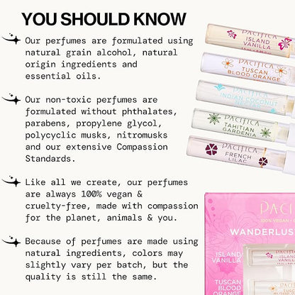 Pacifica Beauty, Wanderlust Spray Perfume Trial Set, Island Vanilla, 5 Scents, Fragrance Sampler Gift Set, Natural & Essential Oils, Clean, Vegan & Cruelty Free
