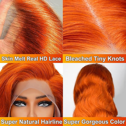 13x6 Ginger Orange Lace Front Wigs Human Hair Pre Plucked 200% Density Body Wave 13x6 HD Full Lace Frontal Wigs 34 inch