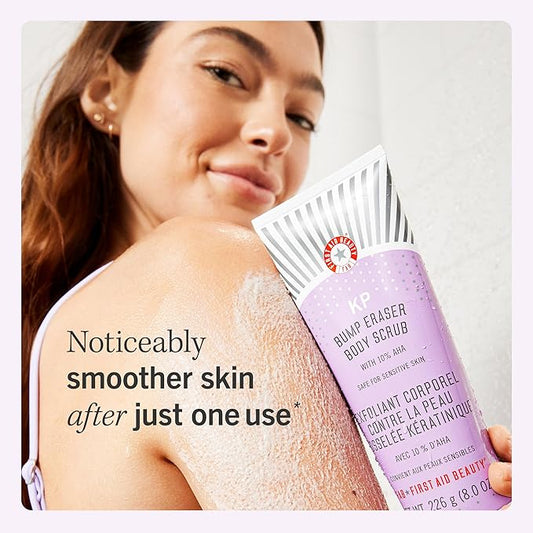 First Aid Beauty - KP Bump Eraser Body Scrub with 10% AHA, Keratosis Pilaris Skin Exfoliater with Glycolic and Lactic acids, Helps Reduce Chicken Skin Bumps, Safe for Sensitive Skin, 10 oz