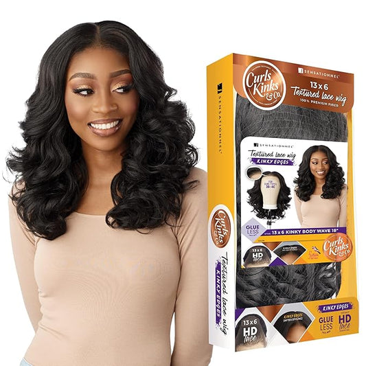 Sensationnel Curls Kinksandco Kinkyedges Wig - Kinky Body Wave 18 Inch 13X6 Lace Frontal Natural Kinkytexture Edged Hairline for Natural 3C to 4C Hair Textures (BALAYAGEMOCHA)