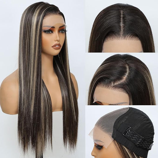 7×5 Brown Mix Blonde Wear and Go Glueless Wigs Pre Plucked Pre Cut for Beginners Synthetic Lace Front Wigs For Woman 26 Inch Ginger Highlights 3 Seconds to Wear