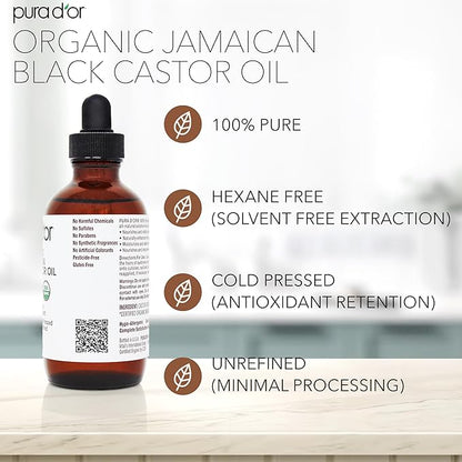 PURA D'OR 4 Oz ORGANIC Jamaican Black Castor Oil - Natural Smoky Scent - 100% Pure USDA Certified Cold Pressed, Hexane Free Eyelash & Eyebrow Serum - For Fuller, Thicker Lashes & Brows - Skin & Hair