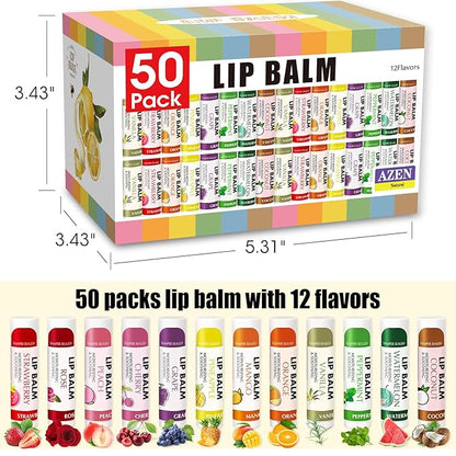 AZEN 50 Pack Lip Balm, Natural Lip Balm Bulk, Lip Care Product, Moisturizing Lip Balms for dry cracked lips - 12 Flavors