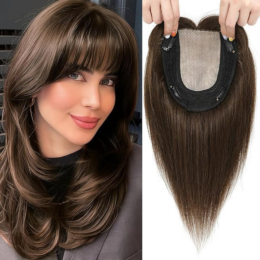 Hair Toppers for Women Real Human Hair, 360° 3D Toppers Pieces for Women with Thinning Crown Wispy Bangs 12 Inch Upgrade Big Basement (Mocha Brown, 12 Inch Wispy Bangs)