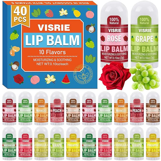 Mini Lip Balm 40 Pack, Natural Lip Balms Bulk with Vitamin E and Coconut Oil, Moisturizing Lip Balm for Dry Cracked lips - 10 Flavors