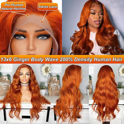 13x6 Ginger Orange Lace Front Wigs Human Hair Pre Plucked 200% Density Body Wave 13x6 HD Full Lace Frontal Wigs 34 inch