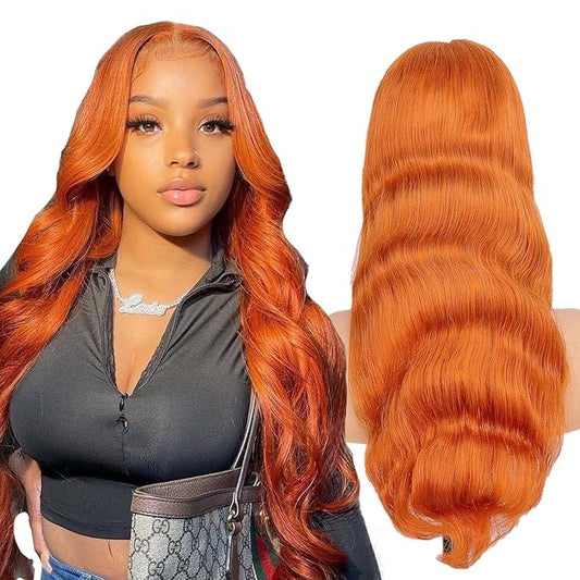 13x6 Ginger Orange Lace Front Wigs Human Hair Pre Plucked 200% Density Body Wave 13x6 HD Transparent Lace Frontal Wig Glueless 88J Colored Bralizian Virgin Human Hair Wigs for Women 28Inch