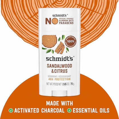 Schmidt's Aluminum-Free Vegan Deodorant Sandalwood & Citrus 4 Count for Women and Men, with 24 Hour Odor Protection, Natural Ingredients, Cruelty-Free, 2.65 oz