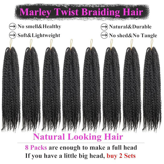 Marley Twist Braiding Hair 24 Inch 8 Packs – Long-Lasting Marley Hair, Fluffy&Tangle-Free Cuban Twist Hair for Braiding, Natural Look Synthetic Spring Afro Kinky Twist Hair Extensions (1B)